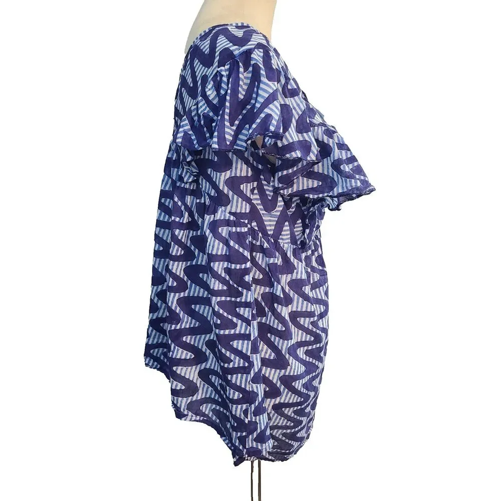 Oliphant Blue White Wave Stripe Flutter Sleeve Top Boho Coastal Tassel Tunic M - Picture 5 of 9